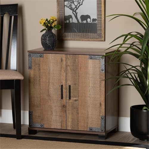 BOWERY HILL 2-Door Shoe Cabinet, Rustic Brown Wood Finish, 24.8" H x 23.6" W x 12.8" D, 6 Shelves for 12 Pairs, Farmhouse Industrial Style, Entryway Shoe Storage Organizer
