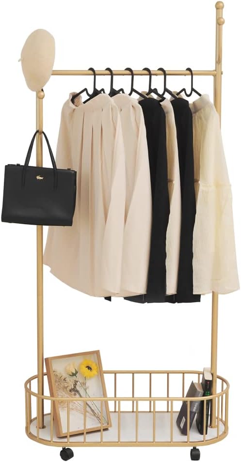 Gold Clothing Rack with Wheels Rolling Clothes Rack with Storage Basket Metal...
