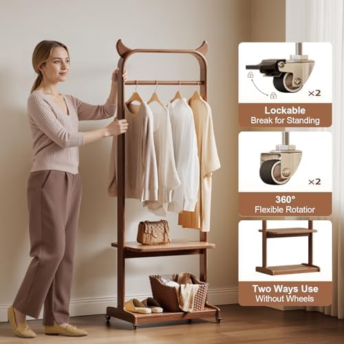 Solid Wood Clothing Racks with Shelves, Rolling Clothes Rack for Hanging Clot...