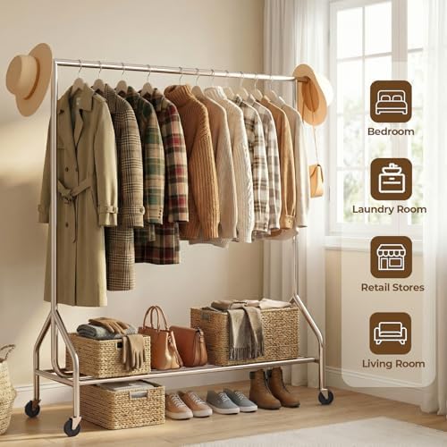Heavy Duty Clothes Rack Load 500 LBS,Clothes Rack for Hanging Clothes,Rolling...