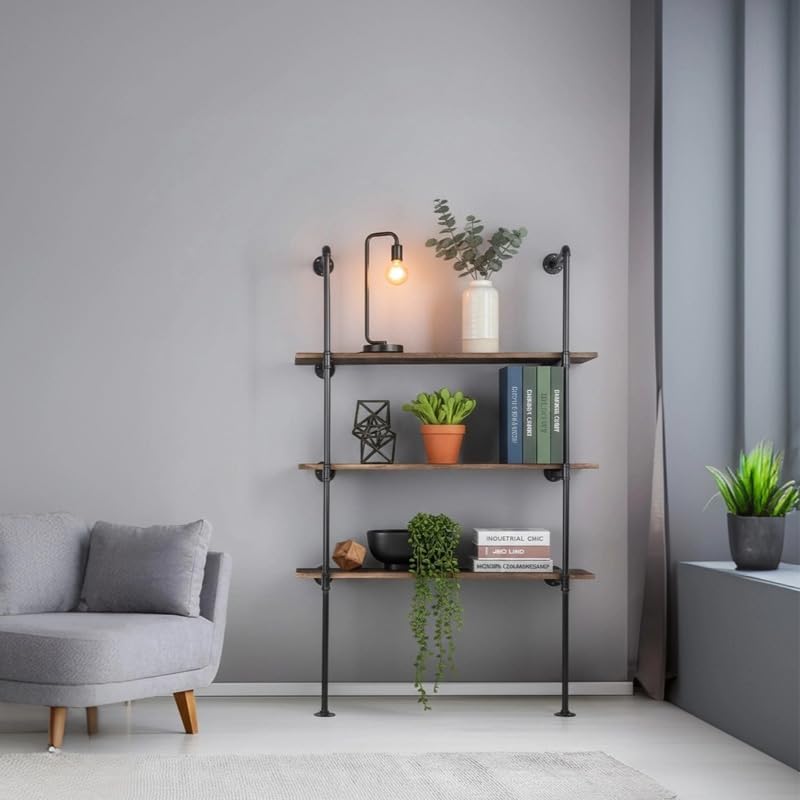 Industrial Pipe Shelving System with 4 Tiers, Black Iron Wall Mount, Floor to...
