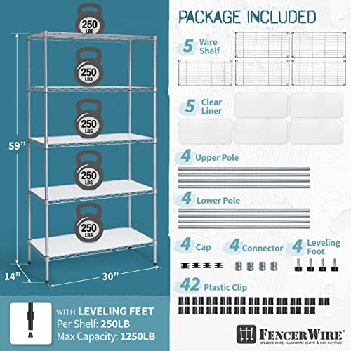 Fencer Wire NSF Adjustable Height Wire Shelving w/Liner, Basement Storage She...