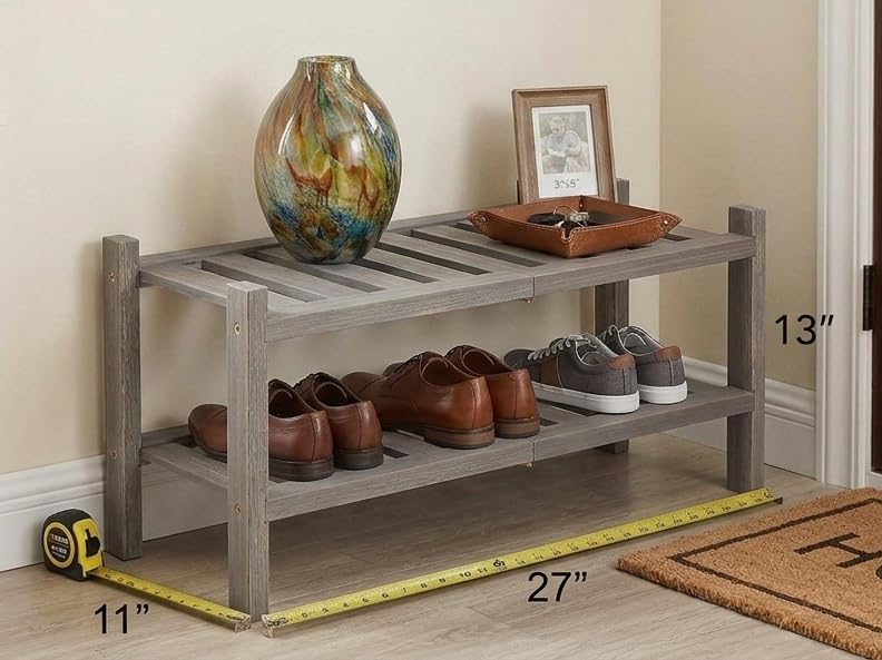 2-Tier Acacia Wood Stackable Shoe Rack - Brush Grey