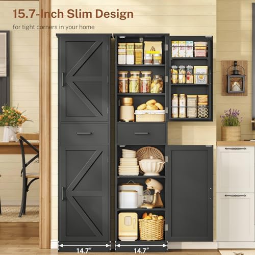 Tall Storage Cabinet with Door Shelves & Drawer, Kitchen Pantry Cabinet