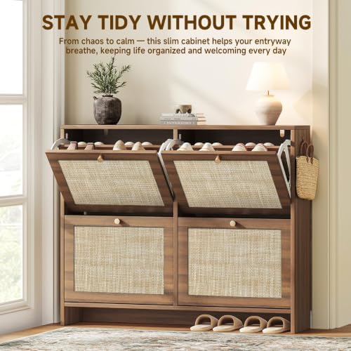 Nicetree Shoe Cabinet Storage for Entryway, 4-Flip Drawer Narrow Shoe Rack, O...