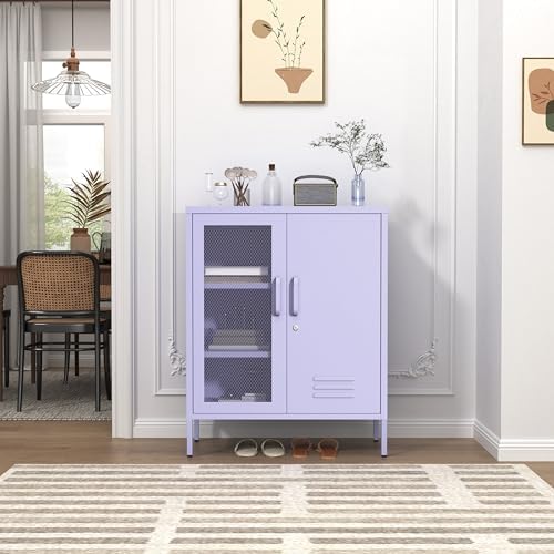 Purple Metal Storage Cabinet with Adjustable Shelf, Lockable 2 Door Sideboard...