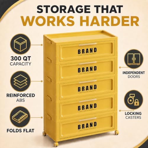 Foldable Storage Cabinet with Doors & Locking Wheels, 5-Tier Large-Capaci...