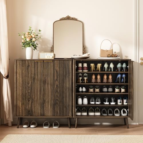 5-Tier Shoe Storage Cabinet with Adjustable Shelves, Walnut丨Fluted Shoe Cabin...