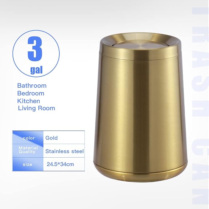 Household Swing Gold Bathroom Trash Can,Brushed Stainless Steel,10 L/3 - Image 9