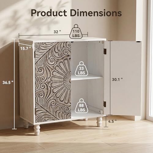 COSIEST Set of 3 32" Sideboard Cabinets, Push-to-Open, Gray Flower