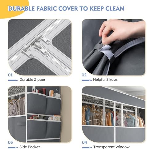 Raybee Clothes Rack with Cover, Portable Closet 1200LBS Adjustable Shelves
