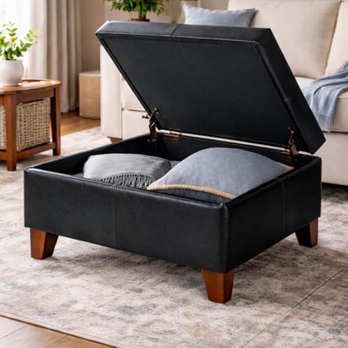 HomePop 28" Faux Leather Square Storage Ottoman - Black