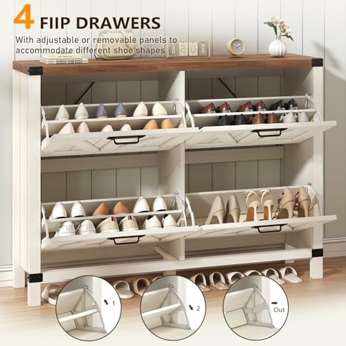 47" Farmhouse Shoe Cabinet with 4 Flip Drawers for Entryway, Hallway