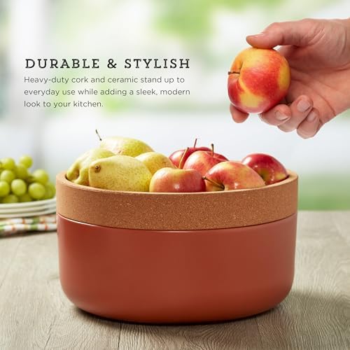Kamenstein Ceramic and Cork Large Breathable Produce Bowl with Lid, Nautral C...