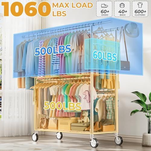 Heavy Duty Clothes Rack Load 1060LBS, Four Rods Rolling Clothing Racks for Ha...