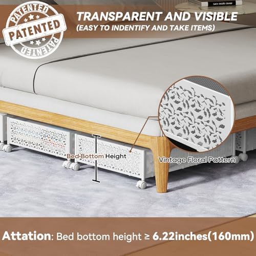PHINOX Under Bed Storage with Wheels,Patterned,Sturdy Metal,4 Pack,White