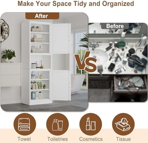 67" Tall Narrow Bathroom Storage Cabinet, Metal Pantry Cabinet, White