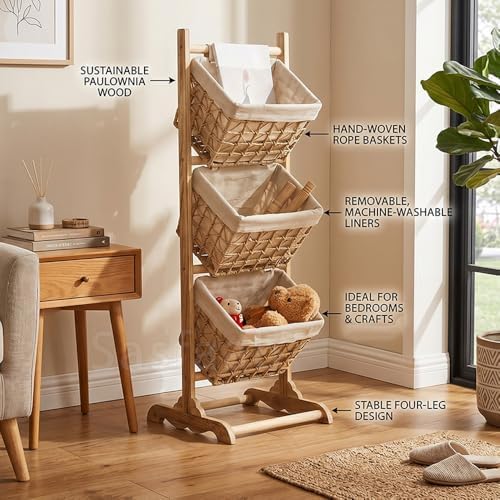 3-Tier Wicker Basket Stand with Wood Frame, Floor Standing Storage Rack with ...