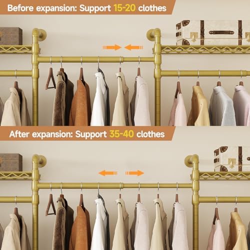 3-Bay Industrial Pipe Closet System, Wall Mounted Garment Racks, Gold