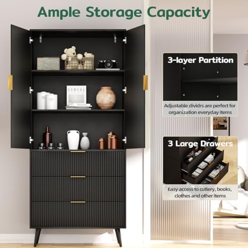 Fluted Tall Cabinet Kitchen Pantry with Adjustable Shelves, Black