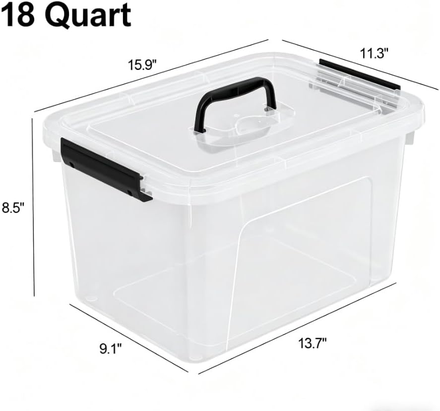 18 Quart Plastic Clear Latching Lidded Storage Tote Bins, 6 Packs