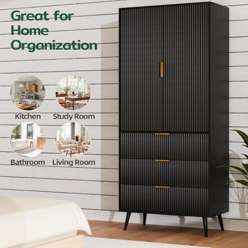 Fluted Tall Cabinet Kitchen Pantry with Adjustable Shelves, Black