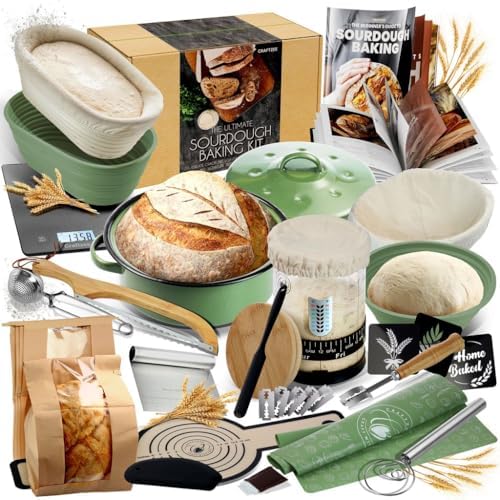 CraftZee All-Inclusive 𝗣𝗥𝗘𝗠𝗜𝗨𝗠 Sourdough Starter Kit with Pot, 34 Oz Starter Jar, 4 Banneton Bread Proofing Baskets, Scraper, Scale, Sourdough Bread Baking Supplies, Beginner Guide & Recipes