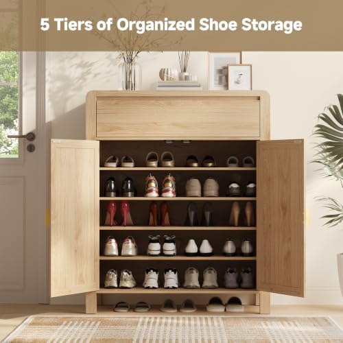 Natural Oak Shoe Storage Cabinet with Drawer, 2 Doors, Adjustable Shelves