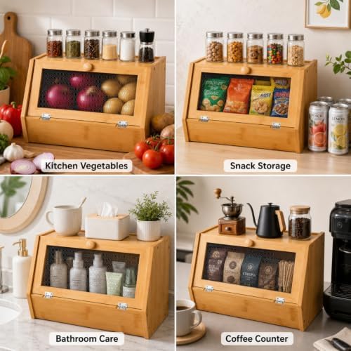Thyle Bamboo Pantry Organizer and Containers Potato and Onion Storage Bin wit...