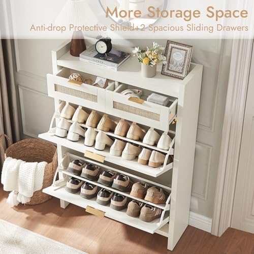 HOKYHOKY Rattan Shoe Storage Cabinet with 2 Drawers & 2 Flip Drawers