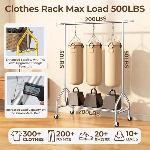 Heavy Duty Clothes Rack Load 500 LBS,Clothes Rack for Hanging Clothes,Rolling...