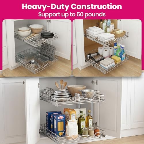 2-Tier Pull-Out Cabinet Organizer for Kitchen, 26"W x 21”D x 16.5"H