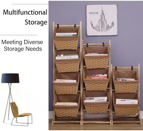 3-Tier Wicker Basket Stand with Wood Frame, Floor Standing Storage Rack with ...