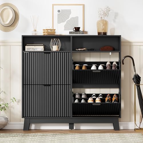 Shoe Cabinet Storage for Entryway with 4 Flip Drawers, Fluted Narrow Shoe Org...