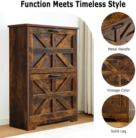Shoe Storage Cabinet with 2 Flip Drawers, Farmhouse Shoe Organizer with Barn ...