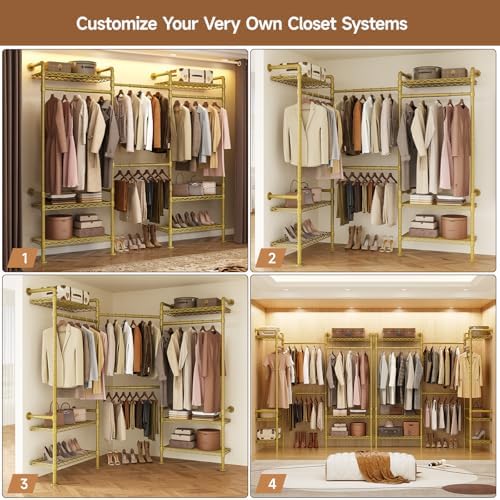 3-Bay Industrial Pipe Closet System, Wall Mounted Garment Racks, Gold