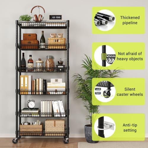 6-Tier Rolling Storage Shelves with Wire Baskets,30 x 13.5 x 65in