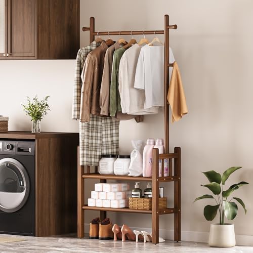 Solid Wood Clothing Rack with Shelves - Coat Rack Freestanding with 6 Hooks L...