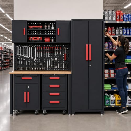6Pcs Garage Cabinets Storage System with Rolling Chest,Red Handle