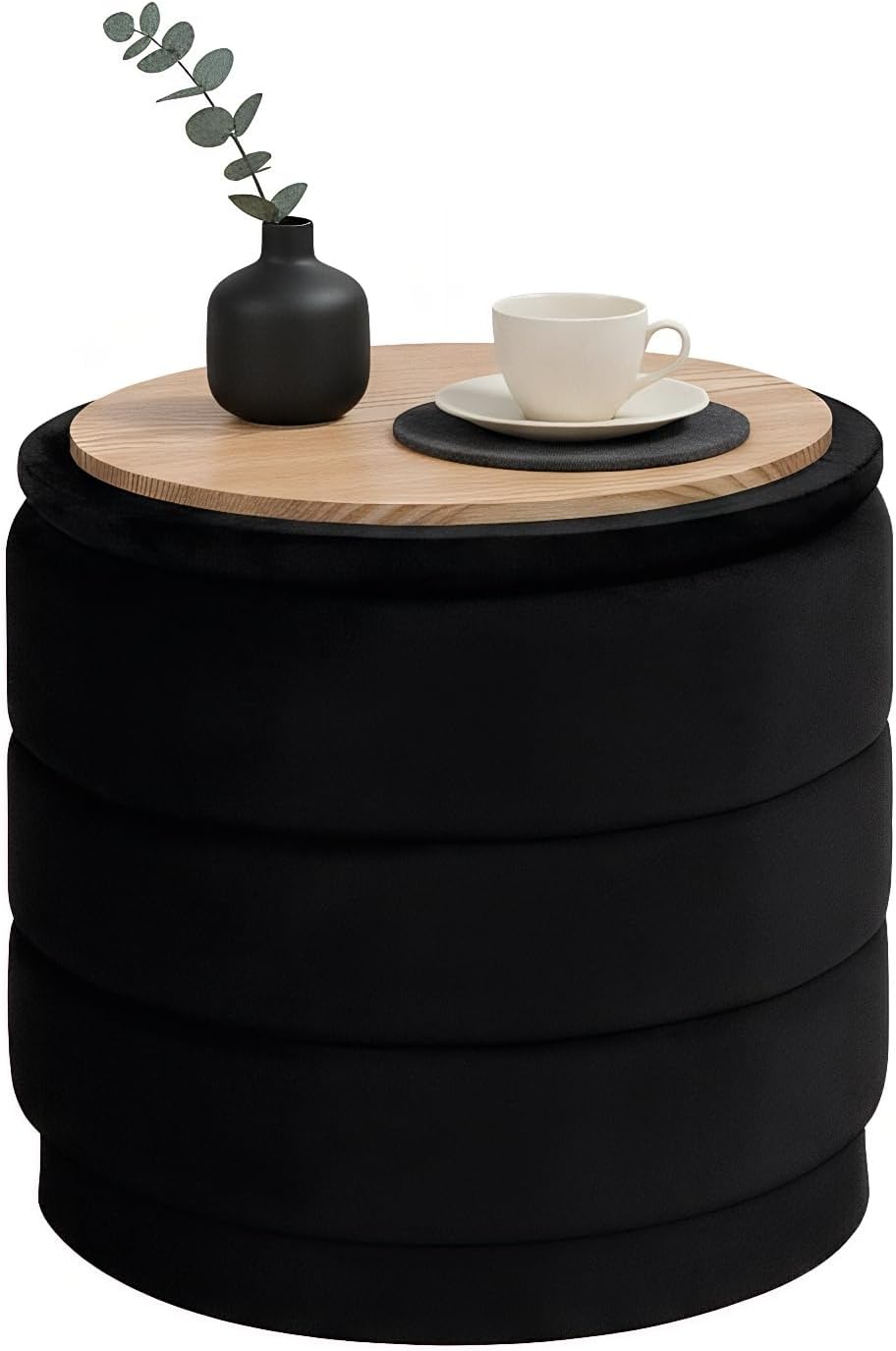 B FSOBEIIALEO 15.4" Round Velvet Storage Ottoman with Tray, Black