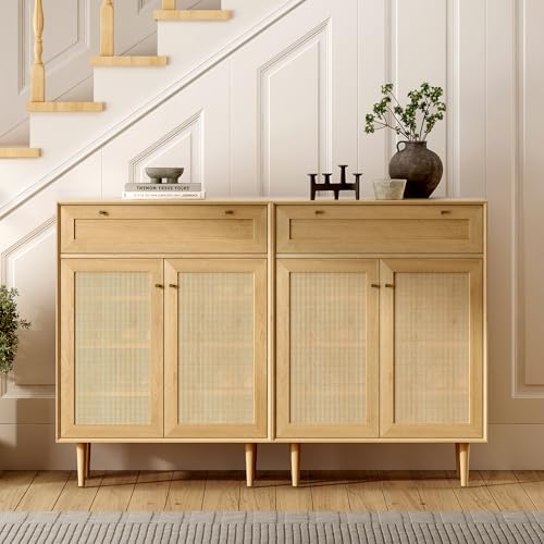 Farmhouse Rattan Shoe Cabinet Boho Shoe Storage Cabinet with 2 Doors Large Wo...