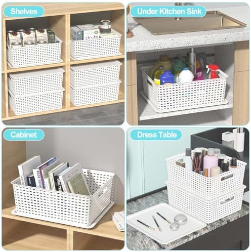 Plastic Storage Baskets with Lid, 6-Pack Organizer Bins, White