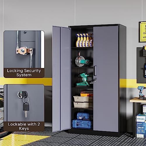 Metal Storage Cabinet with Lock,71" Garage Cabinets with 2 Doors and 4 A...