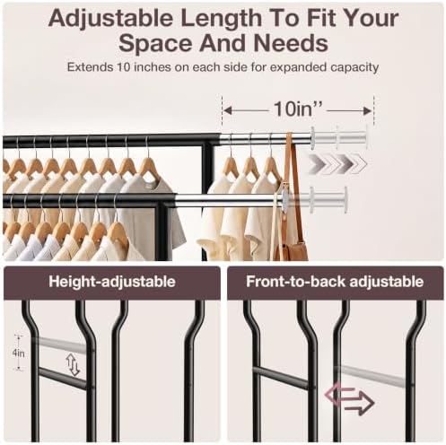 Heavy Duty Clothes Rack Load 960LBS, Adjustable Three Rods Rolling Garment Ra...