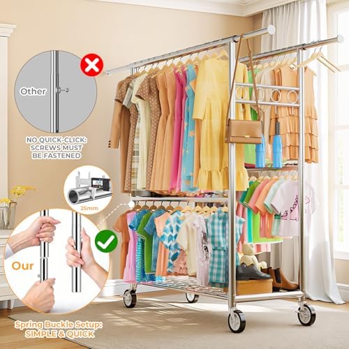 Heavy Duty Clothes Rack Load 1060LBS, Four Rods Rolling Clothing Racks for Ha...