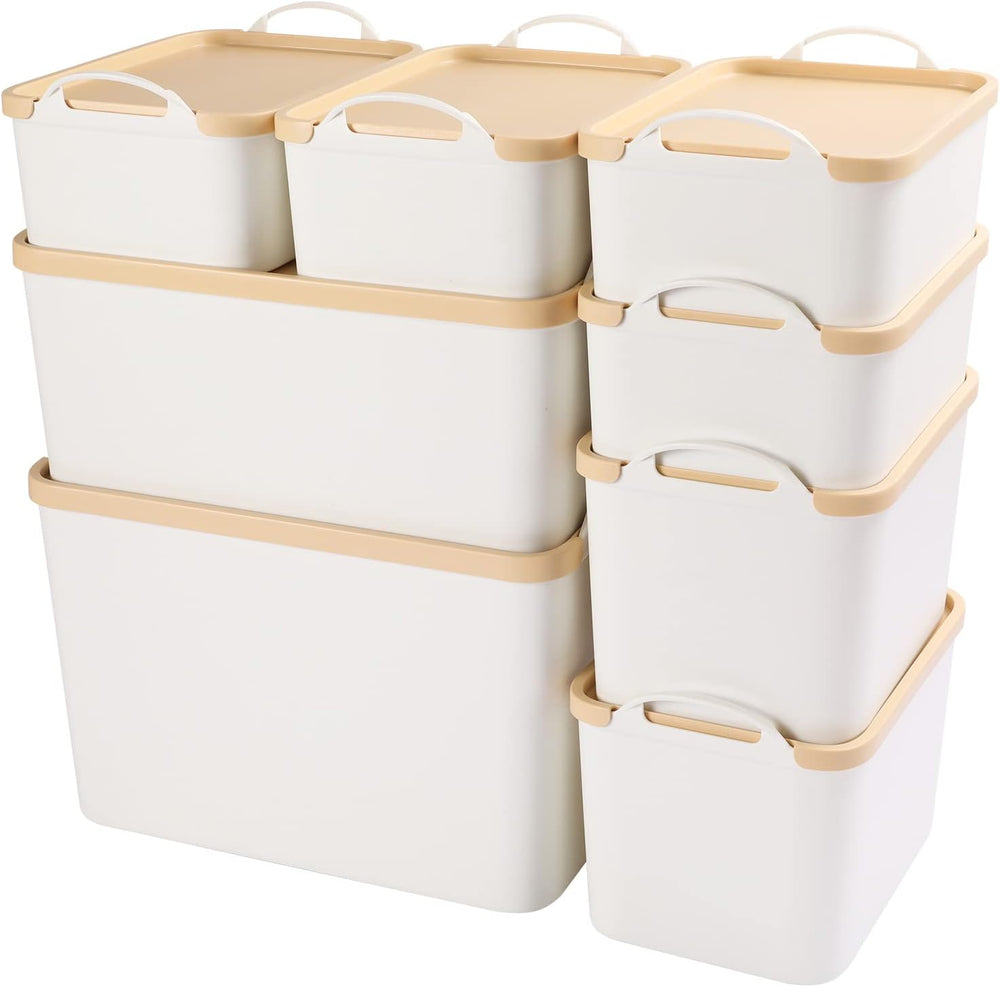 ANMINY White Plastic Storage Bins Baskets with Lids, 8-Pack, 1XL+1L+2M+4S