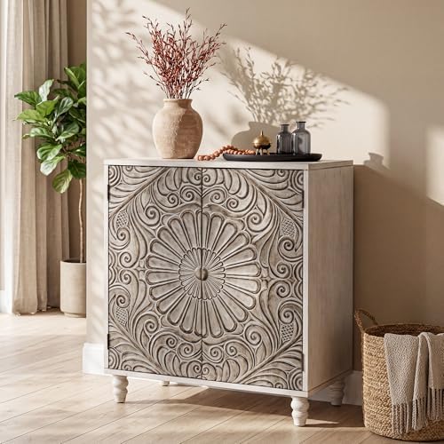 COSIEST Set of 3 32" Sideboard Cabinets, Push-to-Open, Gray Flower