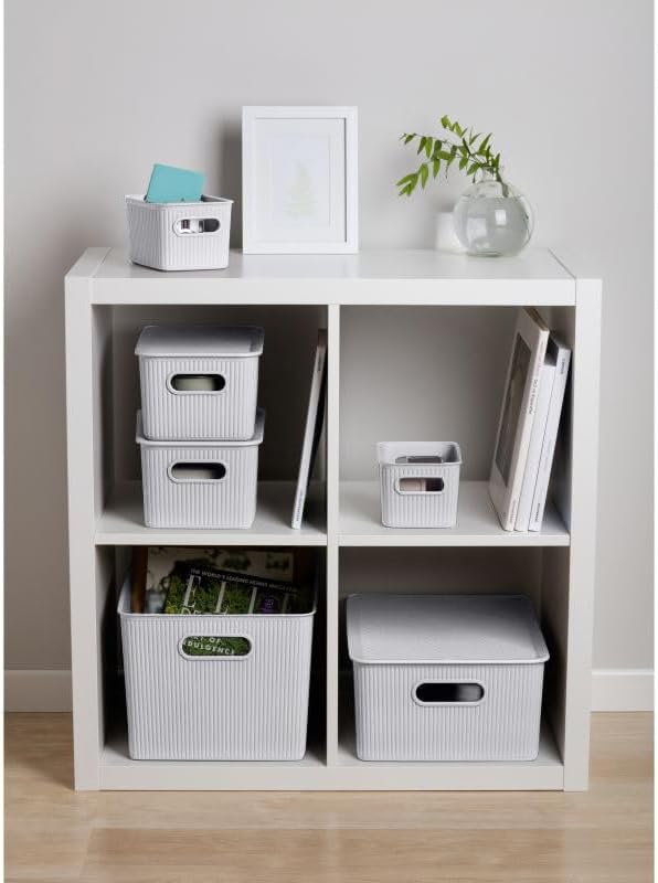 Superio Ribbed Collection - Decorative Plastic Basket Lidded Home Storage Bin...