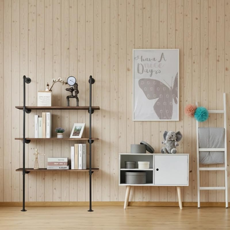 Industrial Pipe Shelving System with 4 Tiers, Black Iron Wall Mount, Floor to...