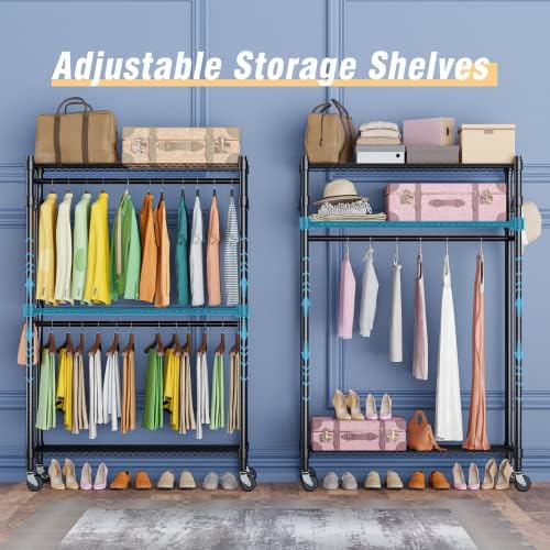 Homdox Rolling Garment Rack with Double Rod, Heavy Duty Clothing Rack with Sh...
